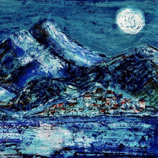print full moon painting village mountains lake