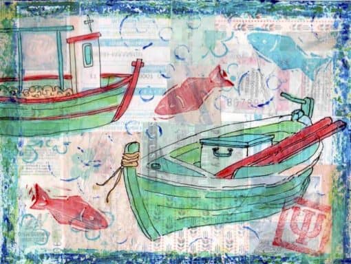 collage painting fishing boats fish