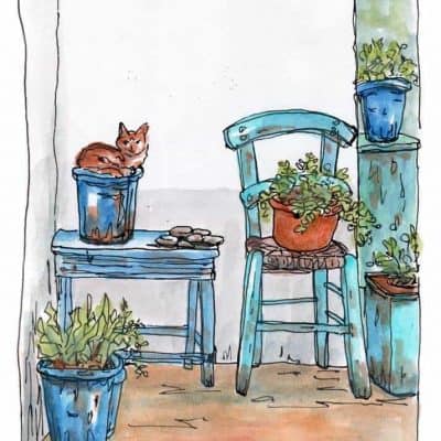 cat blue chair garden print