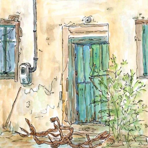 green door windows village house painting