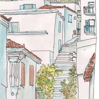 stepped street greek village watercolour