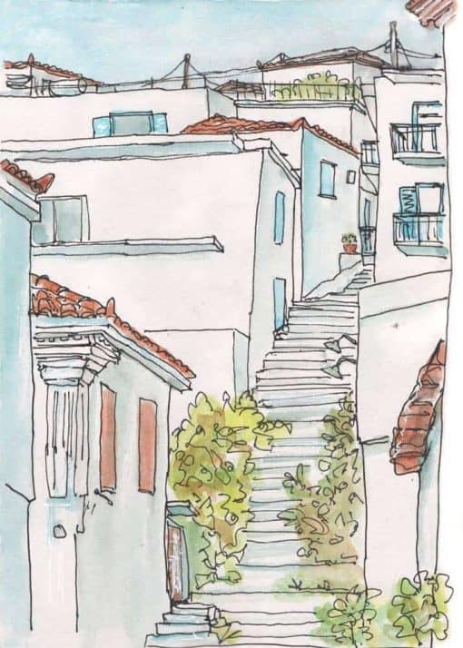 stepped street greek village watercolour