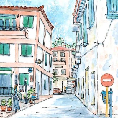 canvas print greek village streets cafe