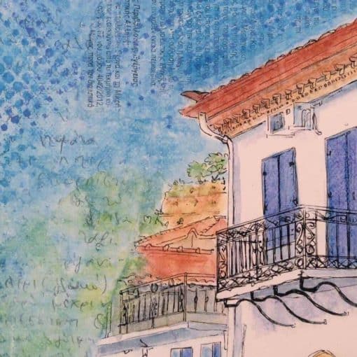 giclee, canvas, print, village, house, greece, blue, gilltomlinson, art