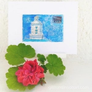 altered postcard art, church, geranium, greece