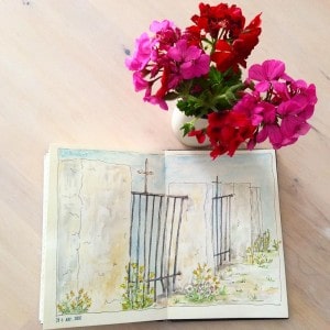 sketchbook, monastery, gardens, geraniums, gill tomlinson, artist, koroni