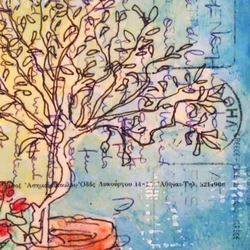Tree, pot, postcard, art, greece, gill tomlinson