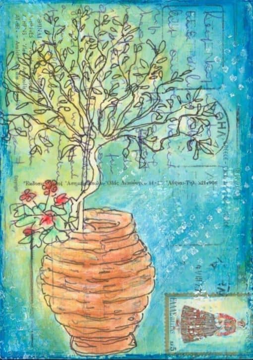 olive tree in pot postcrd painting Greece