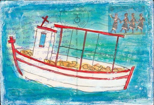 fishing boat Greece postcard painting