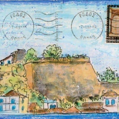 Castle walls Greek village altered postcard painting
