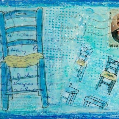 taverna chairs blue collage postcard art