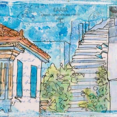 Greek village steps on postcard painting