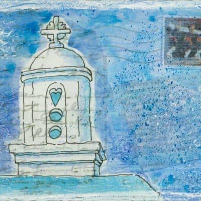 church turret Greek monastery painting on postcard