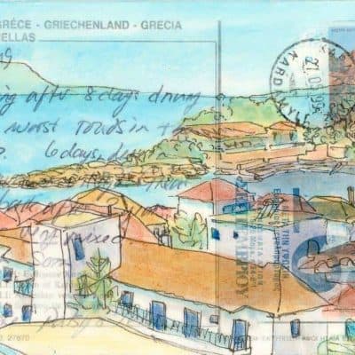 Greec harbour village altered postcard painting
