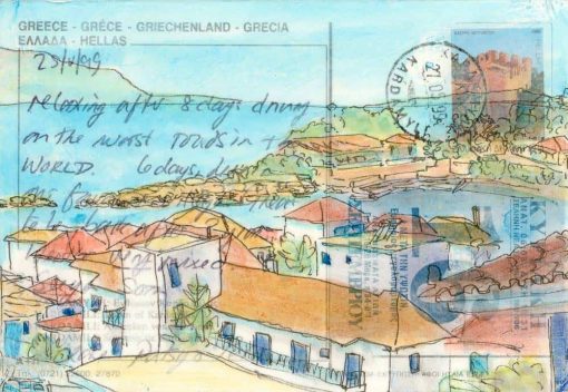 Greec harbour village altered postcard painting