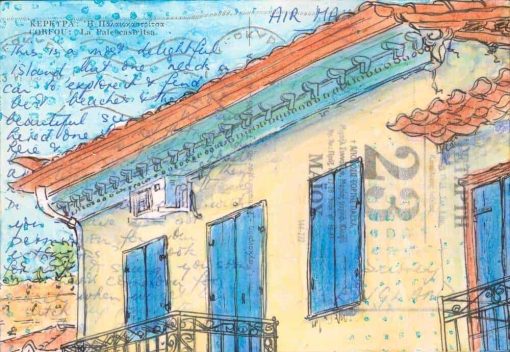 postcard art Greek village house