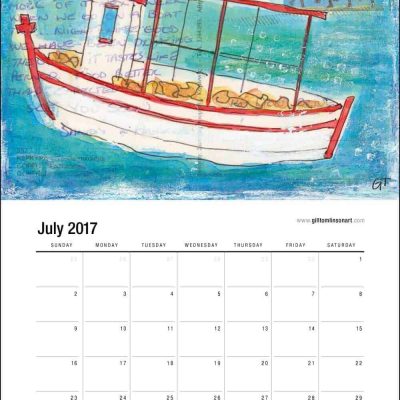 Greece art calendar fishing boat painting July