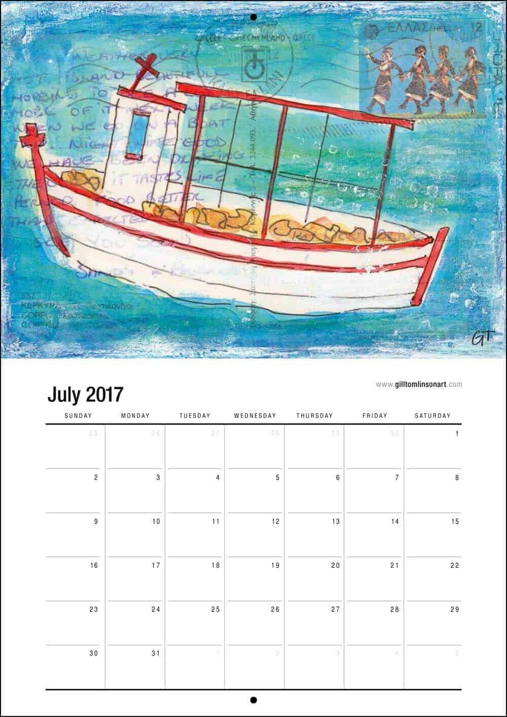 Greece art calendar fishing boat painting July