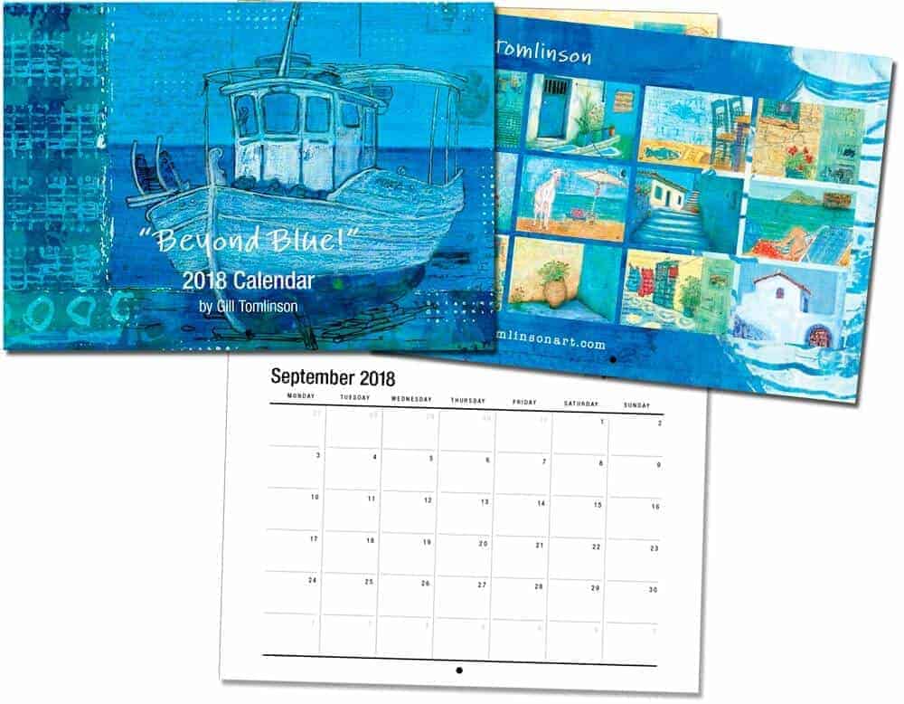 2018 art calendar by English Artist Gill Tomlinson twelve full colour images of colourful paintings inspired by Greece