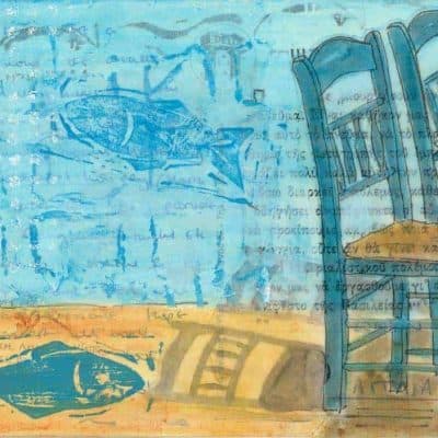 altered postcard painting fish tables taverna chairs