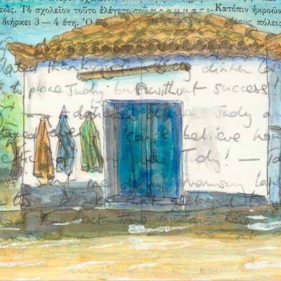 agricultural hut painting in Greek postcard collage