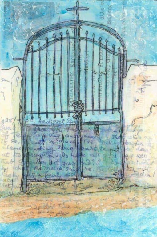 Monastery gate painting on vintage postcard Greece