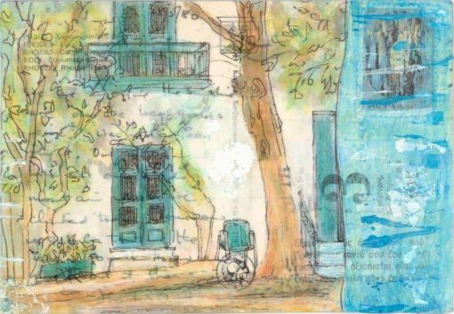 Greek village scene painting collage on vintage postcard