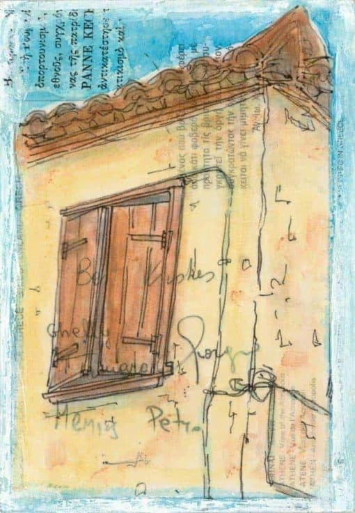 Greek shutters old hiuse painting in postcard
