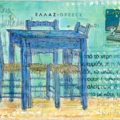 Greek taverna table chairs painting on postcard collage art