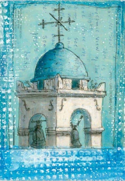 church tower painting on postcard from Greece