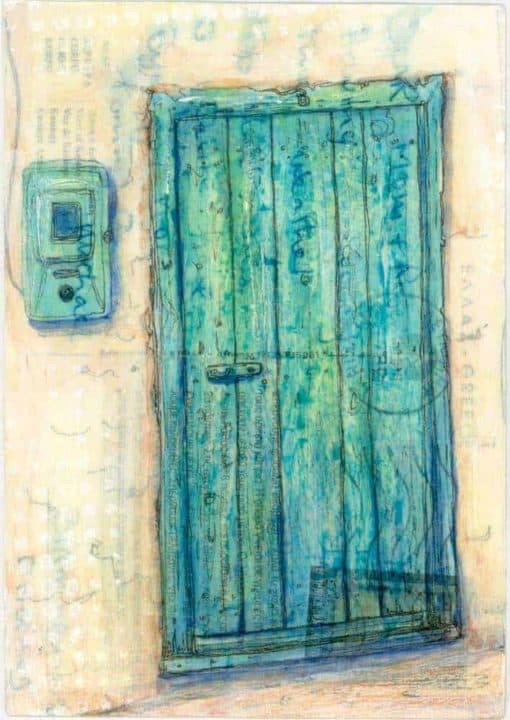 green door and electric meter painting on Greek postcard