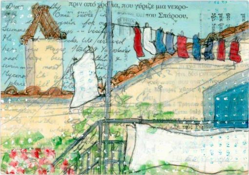 washing line Greek village hiuse painting on postcard collage art