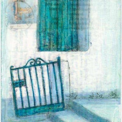 Greek village house and gate postcard painting