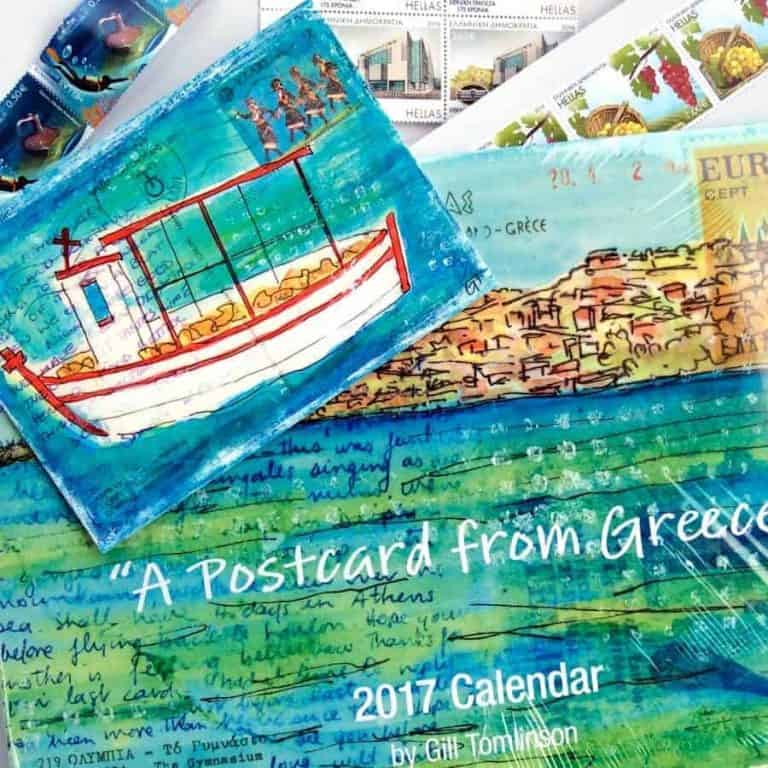 calendar, greece, artwork, postcards, gill tomlinson