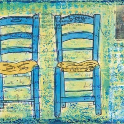 two blue Greek chairs collage painting