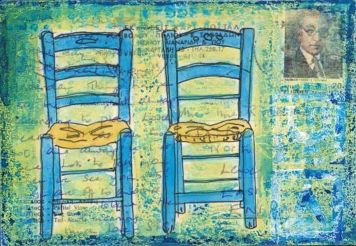 two blue Greek chairs collage painting