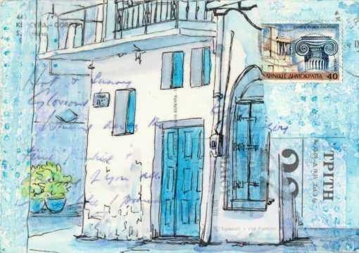 blue white village house Greece postcard art