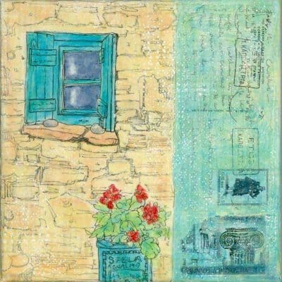 small, window, greek, village, geraniums, painting