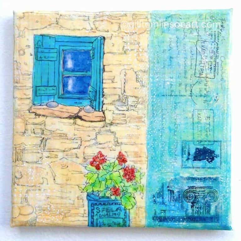 painting, greek house with small blue window with shutters and geranium