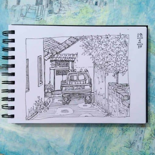 sketchbook drawing Greek village scene Gill Tomlinson Art