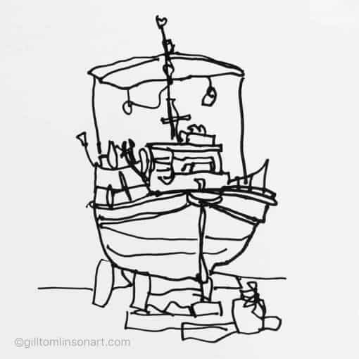 left hnded line drawing Greek fishing boat