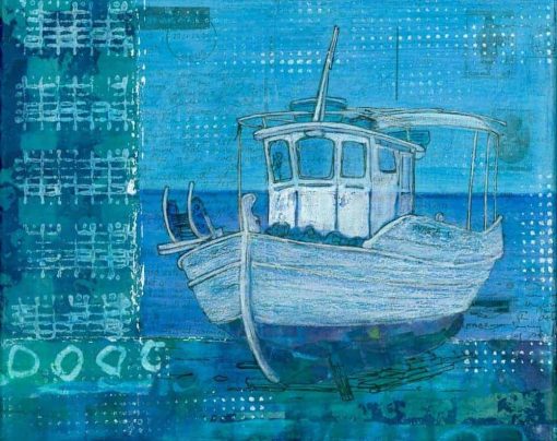 blue mixed media painting of greek fishing boat by artist Gill Tomlinson