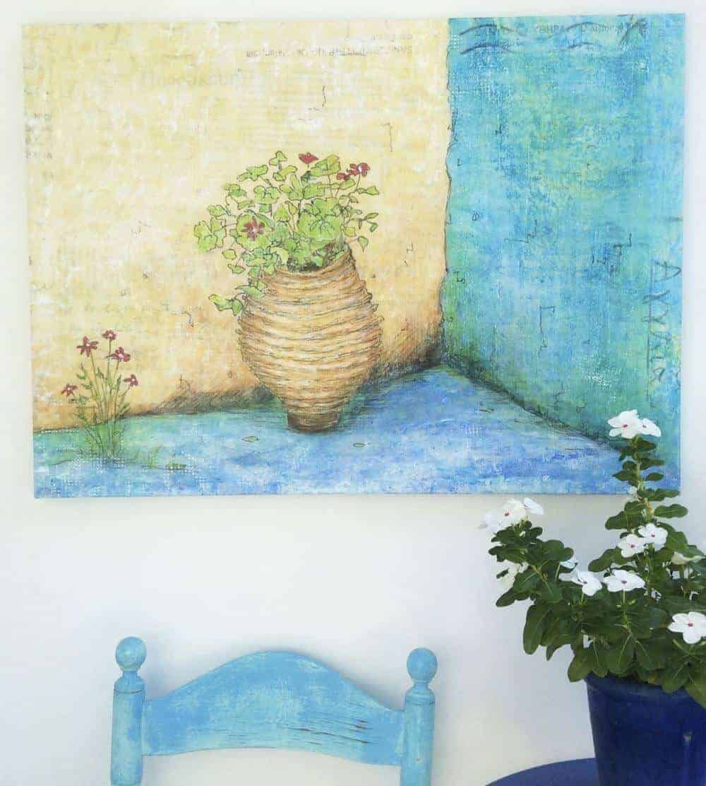 Geraniums in an old pot in the corner of a Greek courtyard painting by Gill Tomlinson