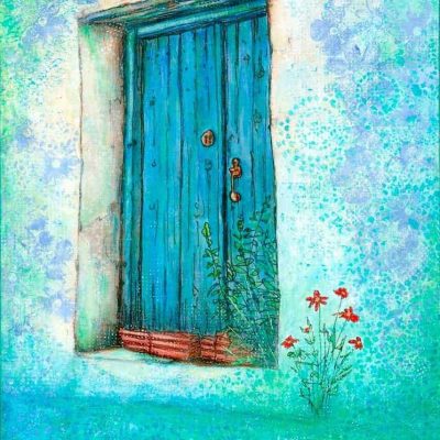 acrylic painting blue door red flowers Gill Tomlinson artist Greece