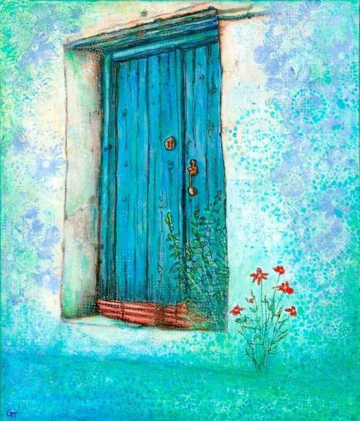 acrylic painting blue door red flowers Gill Tomlinson artist Greece