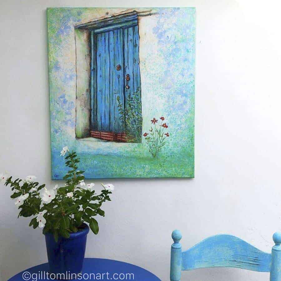 Lost in Time a newly available mixed media painting by Gill Tomlinson of a blue Greek village doorway with flowers