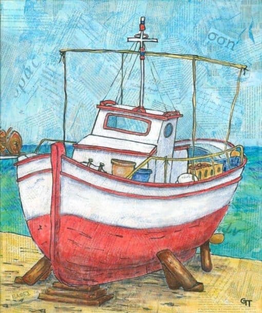 collage painting of Greek fishing boat by English artist Gill Tomlinson