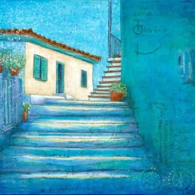 Greek village scene backstreets steps blue walls