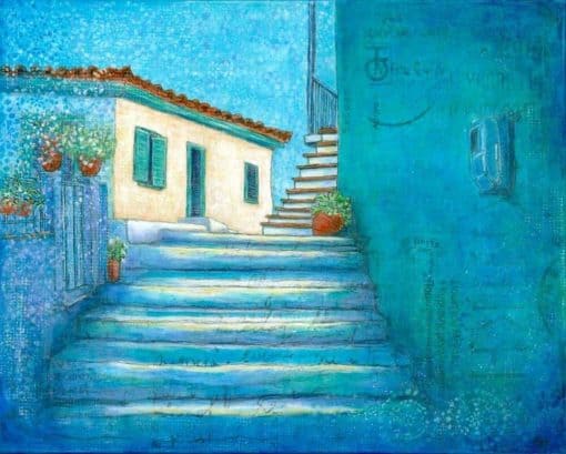 Greek village scene backstreets steps blue walls
