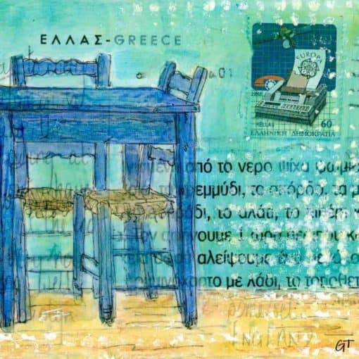 blue taverna table chairs postcard art Greece